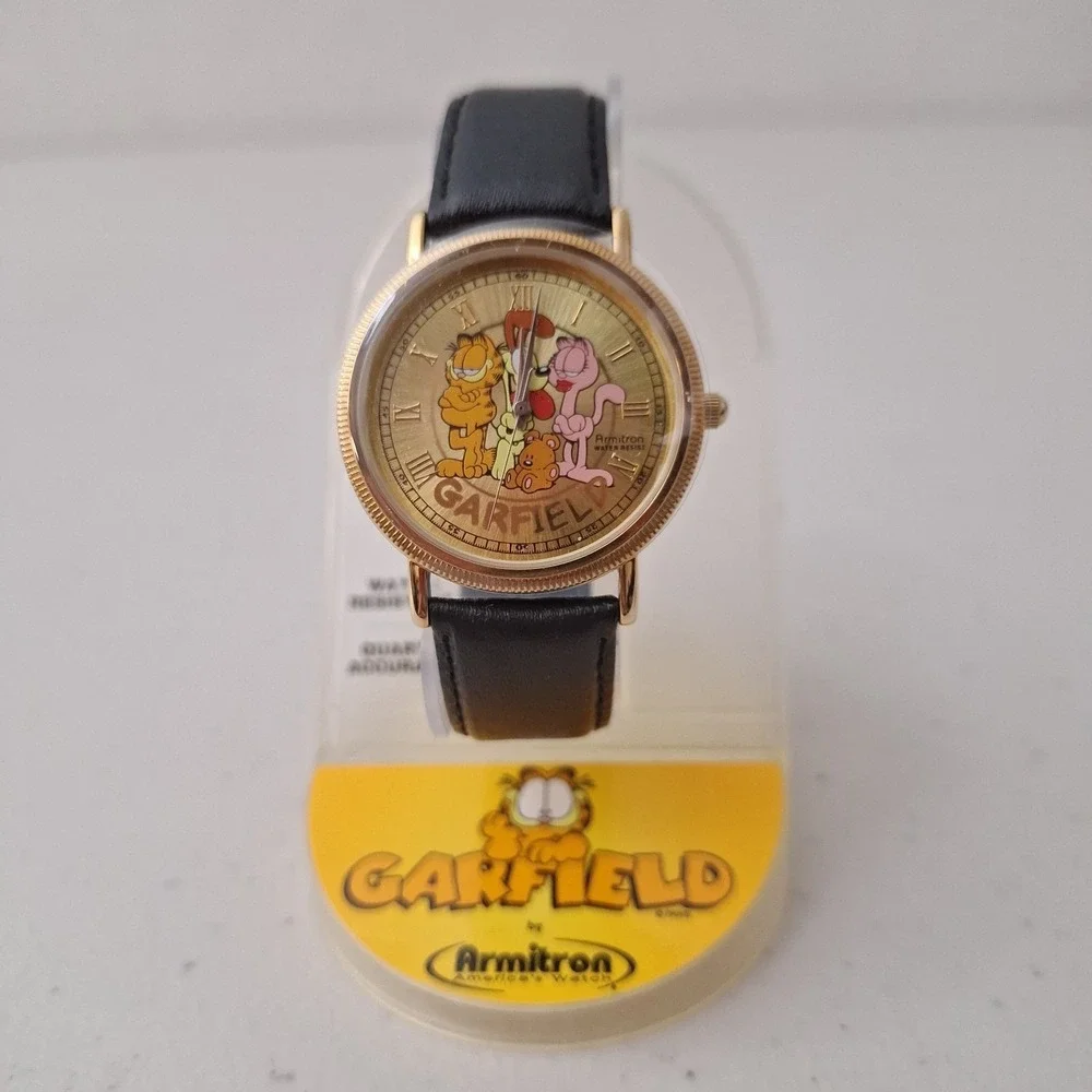 *RARE* NEW Vtg Garfield Armitron Watch Leather Gold Tone Quartz Water Resistant